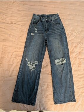 Shein Wide Leg Baggy Distressed Women's Jeans - Dark Blue S